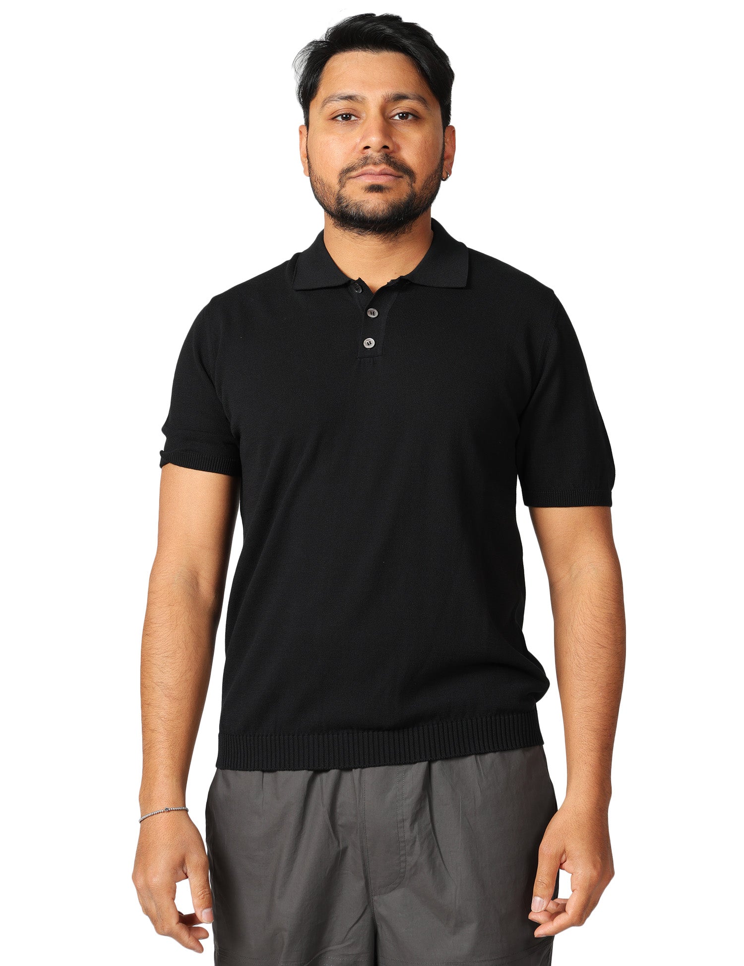 POLO UOMO ALPHA STUDIO NERA A MEZZA MANICA CON BOTTONI IN COTONE CREPE