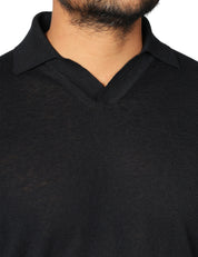 POLO UOMO ALPHA STUDIO NERA A MEZZE MANICHE CON PICCOLO SCOLLO A V IN LINO E COTONE