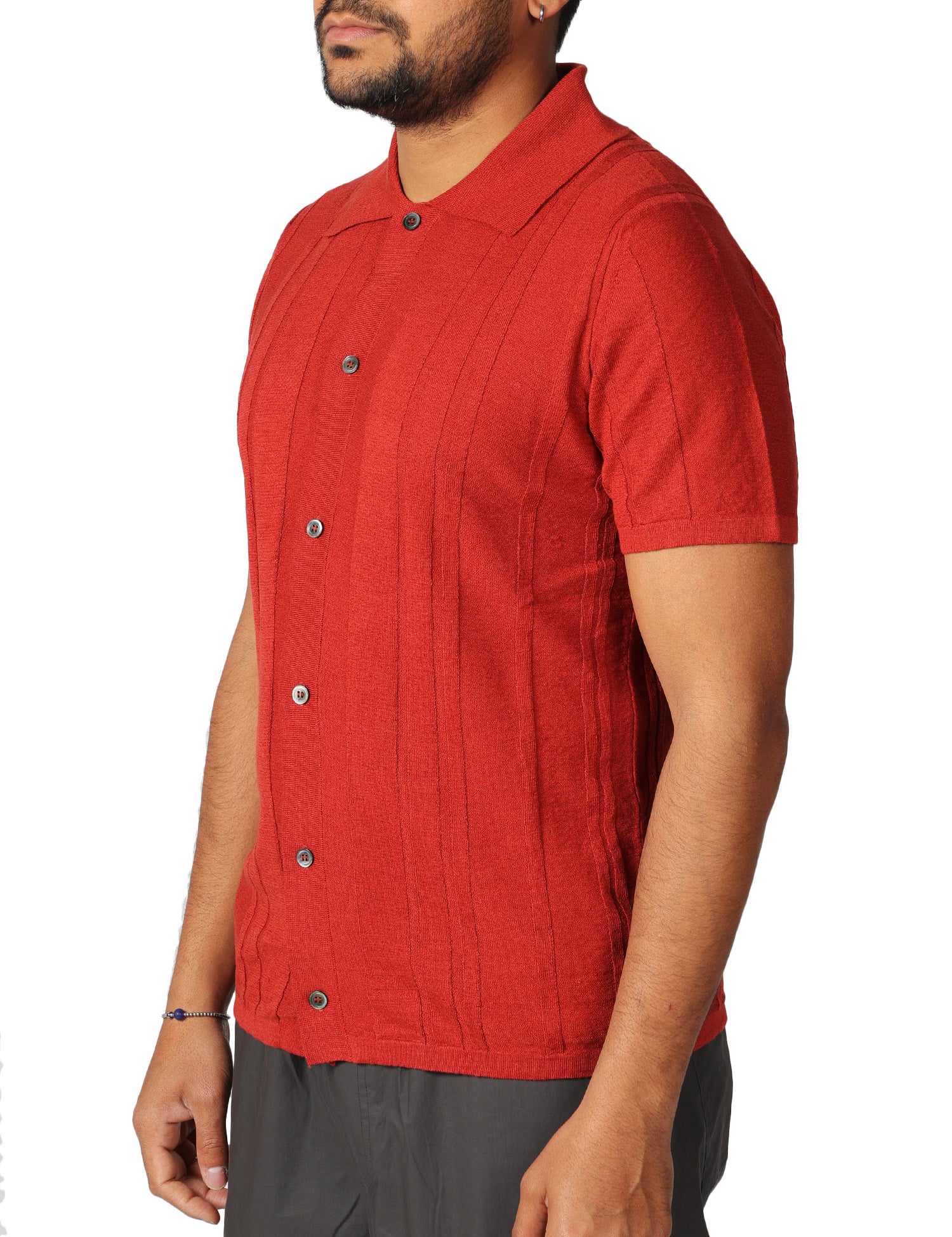 CAMICIA UOMO ALPHA STUDIO RUGGINE A MEZZE MANICHE IN MAGLIA DI LINO E COTONE A COSTE