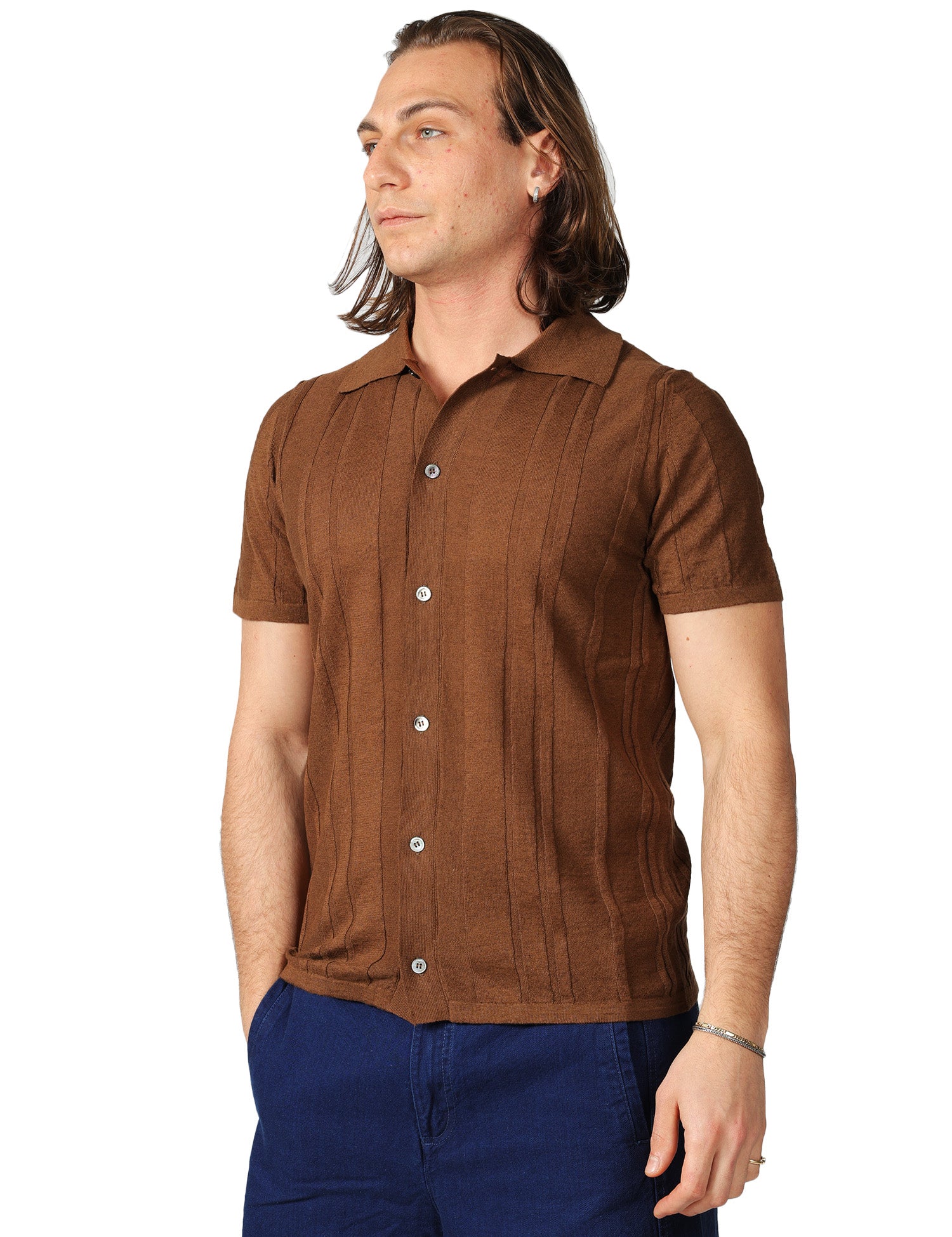 CAMICIA UOMO ALPHA STUDIO CAFFè A MEZZE MANICHE IN MAGLIA DI COTONE E LINO A COSTE