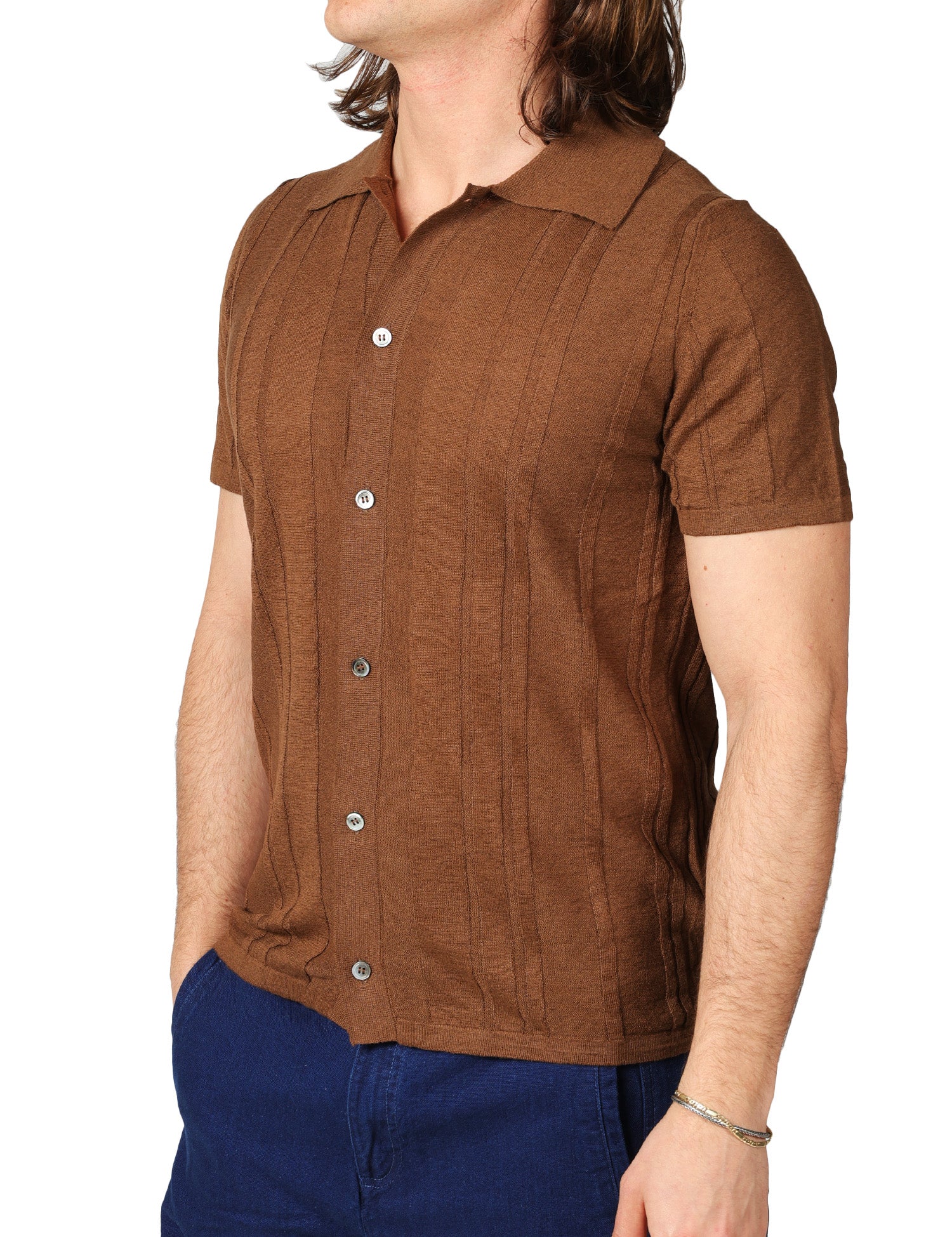 CAMICIA UOMO ALPHA STUDIO CAFFè A MEZZE MANICHE IN MAGLIA DI COTONE E LINO A COSTE
