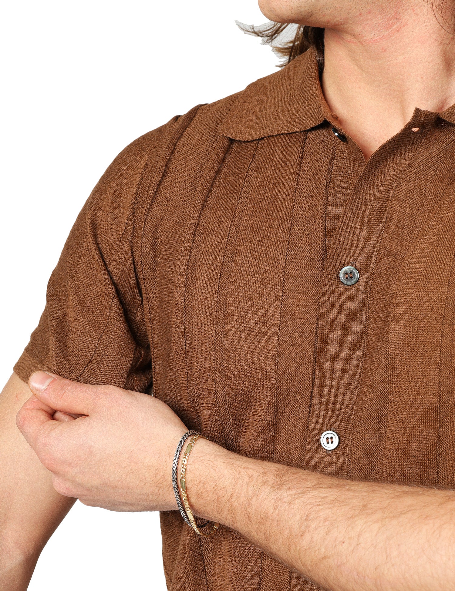 CAMICIA UOMO ALPHA STUDIO CAFFè A MEZZE MANICHE IN MAGLIA DI COTONE E LINO A COSTE