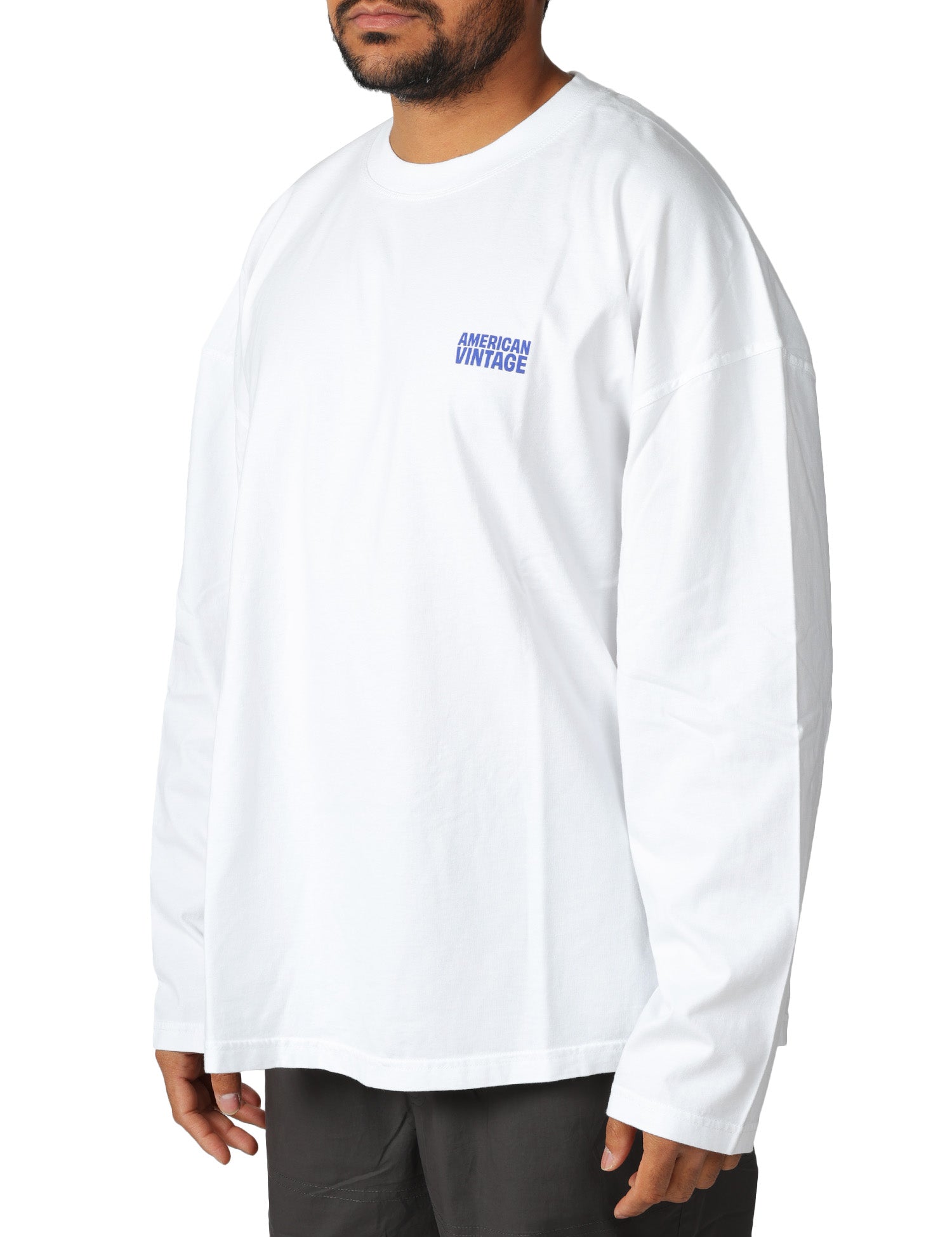 T-SHIRT UOMO AMERICAN VINTAGE BIANCA OVERSIZE A MANICHE LUNGHE CON LOGO STAMPATO 100%PURO COTONE