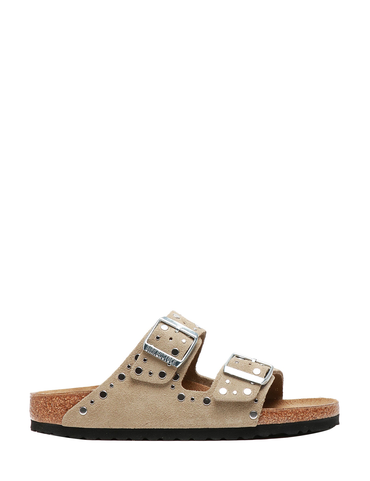 CIABATTA DONNA BIRKENSTOCK ARIZONA RIVET TAUPE IN SUEDE CON BORCHIETTE ARGENTO