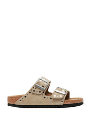 CIABATTA DONNA BIRKENSTOCK ARIZONA RIVET TAUPE IN SUEDE CON BORCHIETTE ARGENTO