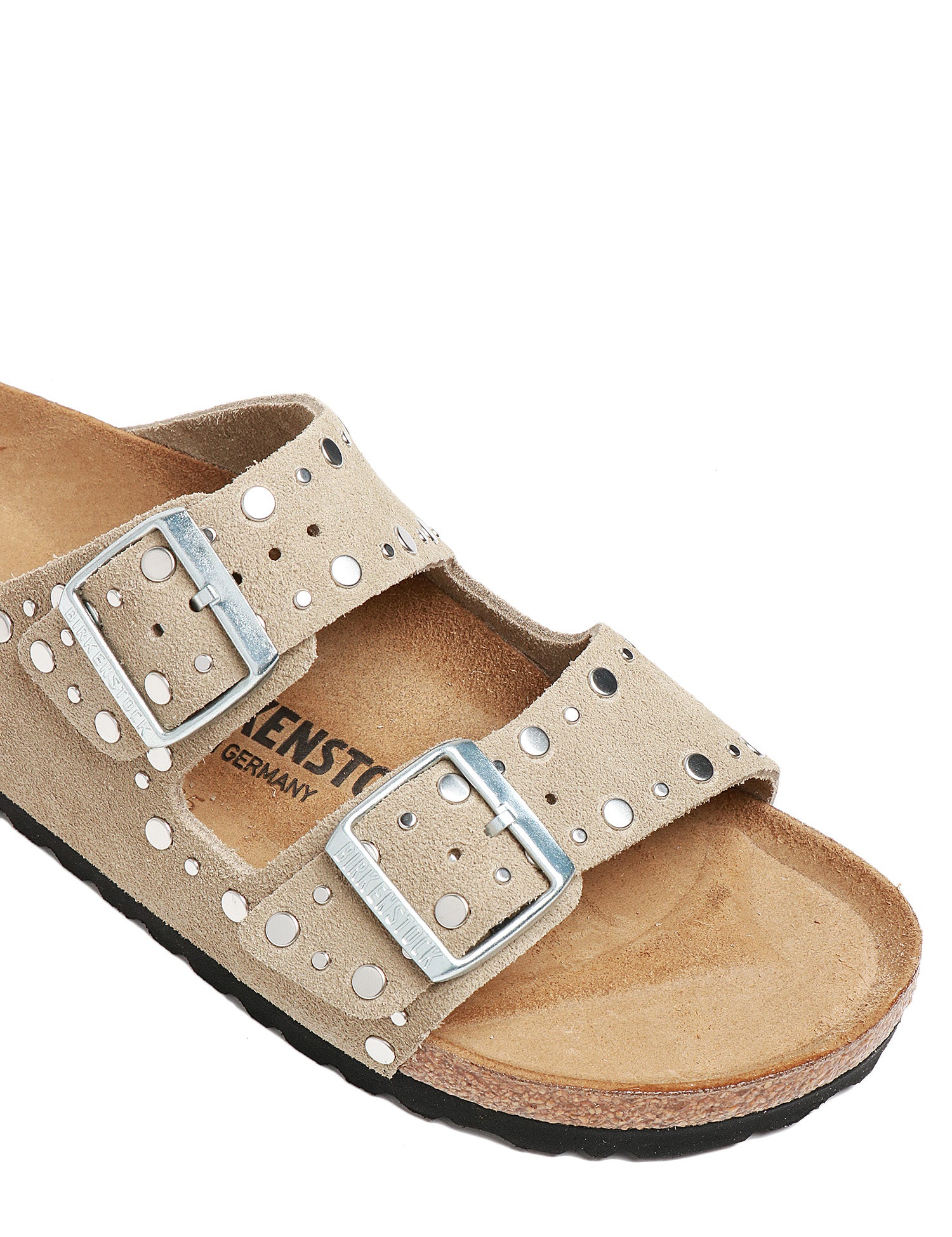 CIABATTA DONNA BIRKENSTOCK ARIZONA RIVET TAUPE IN SUEDE CON BORCHIETTE ARGENTO