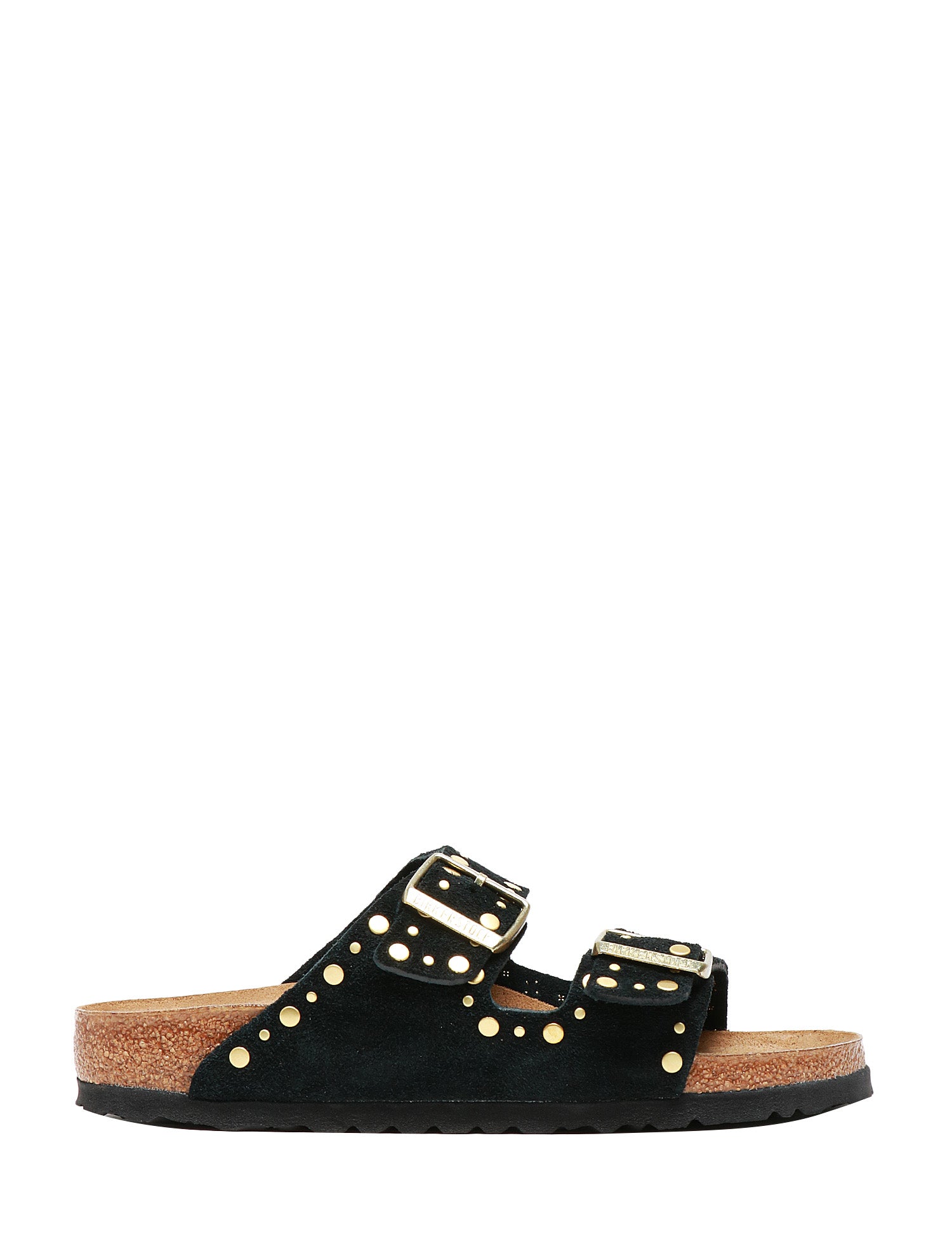 CIABATTA DONNA BIRKENSTOCK ARIZONA RIVET BLACK IN SUEDE CON BORCHIETTE ORO