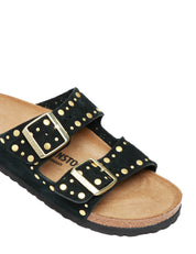 CIABATTA DONNA BIRKENSTOCK ARIZONA RIVET BLACK IN SUEDE CON BORCHIETTE ORO