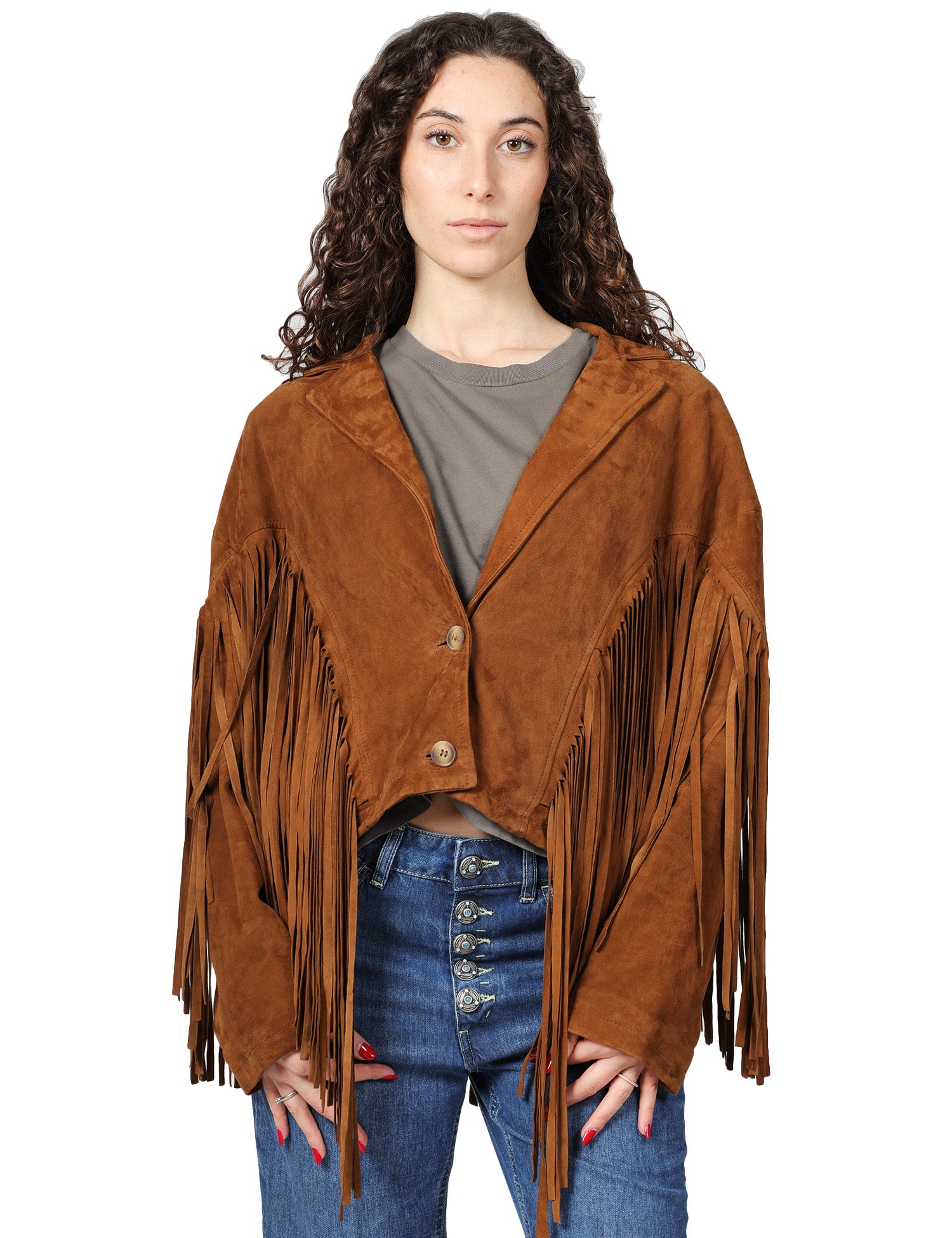 GIACCA DONNA BLUSOTTO BRENDA TABACCO IN CAMOSCIO CON FRANGE SULLE MANICHE