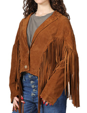 GIACCA DONNA BLUSOTTO BRENDA TABACCO IN CAMOSCIO CON FRANGE SULLE MANICHE