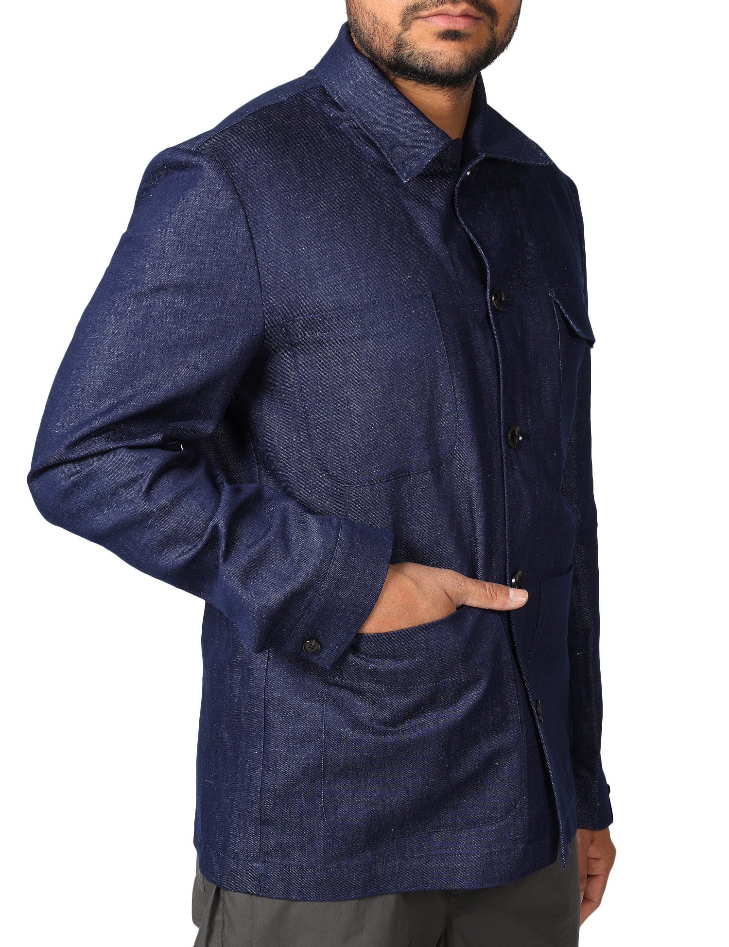 OVERSHIRT UOMO BOLLANI VENTO DENIM SCURO IN COTONE E LINO CON TASCHE DAVANTI