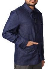 OVERSHIRT UOMO BOLLANI VENTO DENIM SCURO IN COTONE E LINO CON TASCHE DAVANTI
