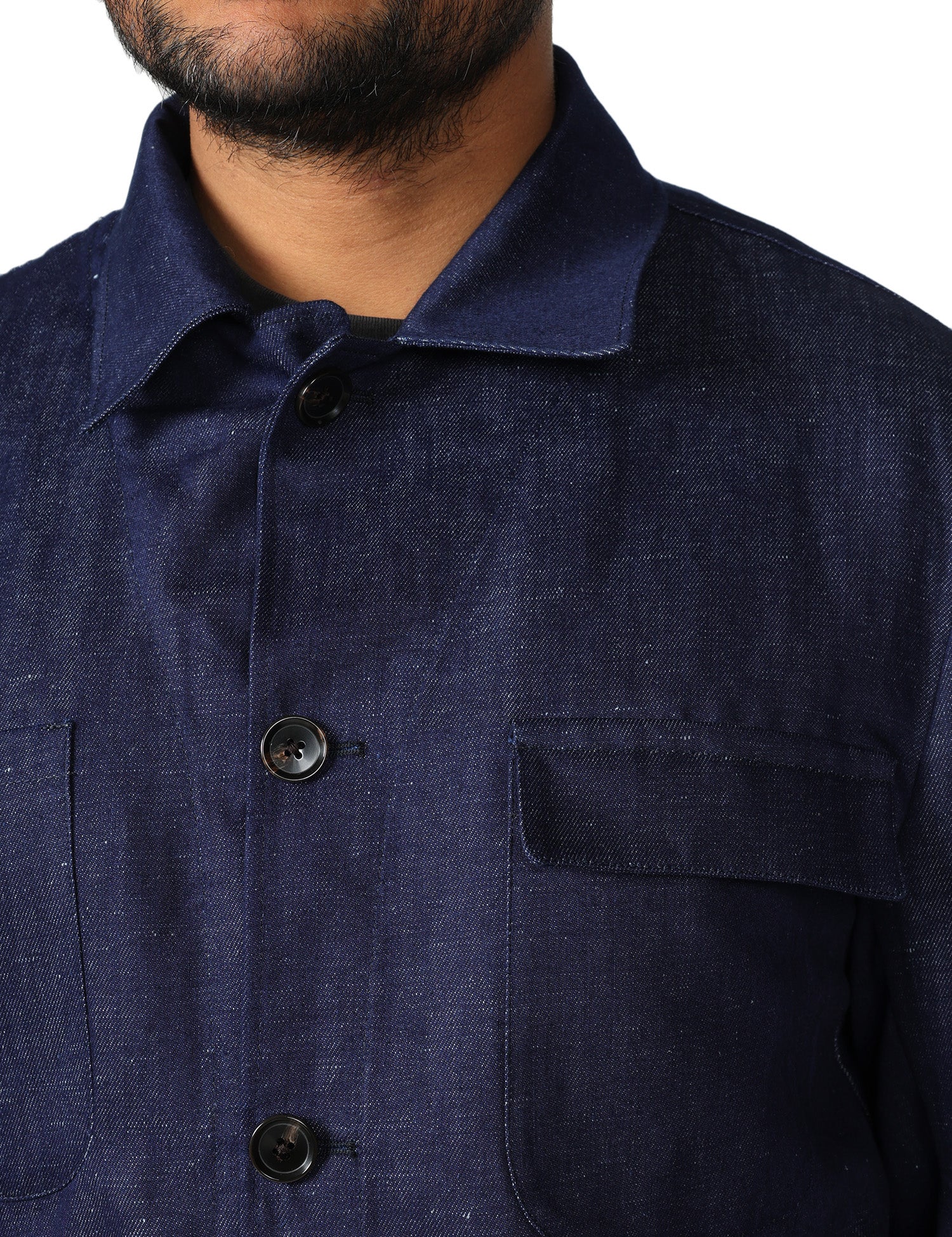 OVERSHIRT UOMO BOLLANI VENTO DENIM SCURO IN COTONE E LINO CON TASCHE DAVANTI