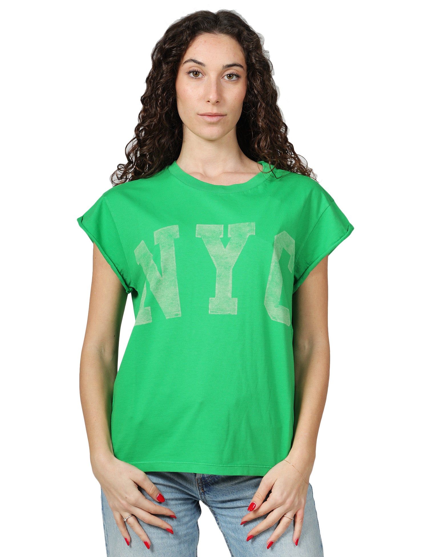 T-SHIRT DONNA BOWERY VERDE IN COTONE CON MANICA AD ALETTA