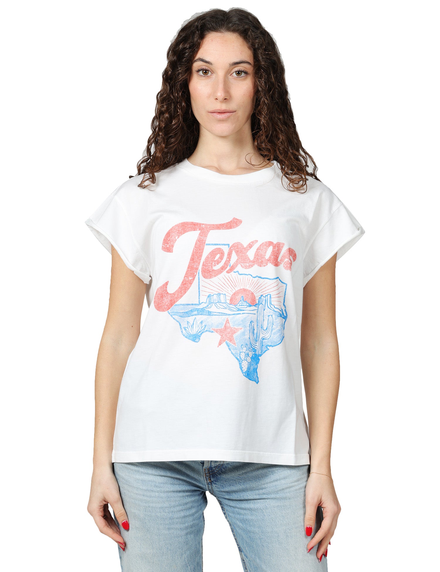 T-SHIRT DONNA BOWERY BIANCA IN COTONE CON MANICA AD ALETTA E STAMPA TEXAS