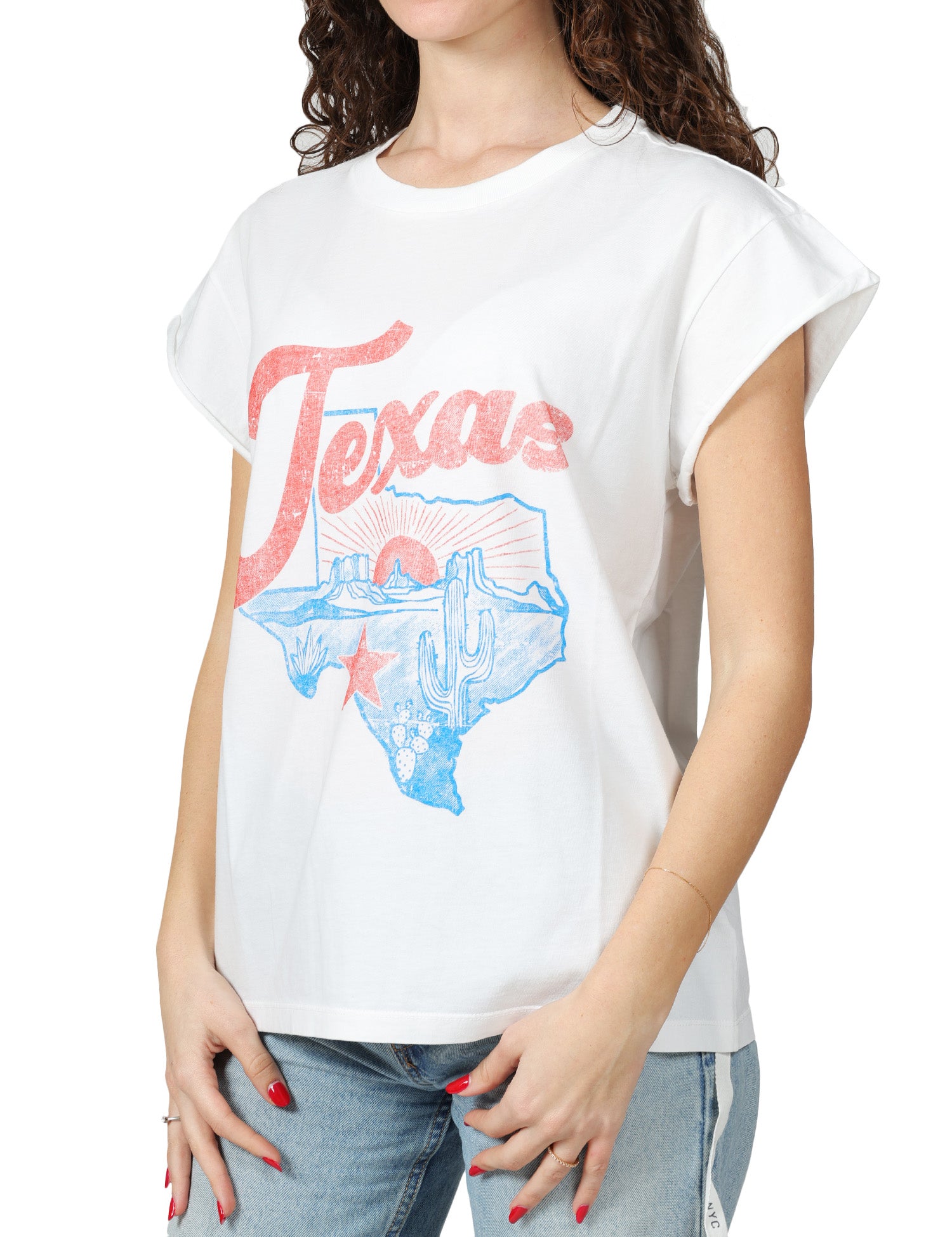 T-SHIRT DONNA BOWERY BIANCA IN COTONE CON MANICA AD ALETTA E STAMPA TEXAS