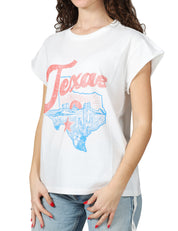 T-SHIRT DONNA BOWERY BIANCA IN COTONE CON MANICA AD ALETTA E STAMPA TEXAS