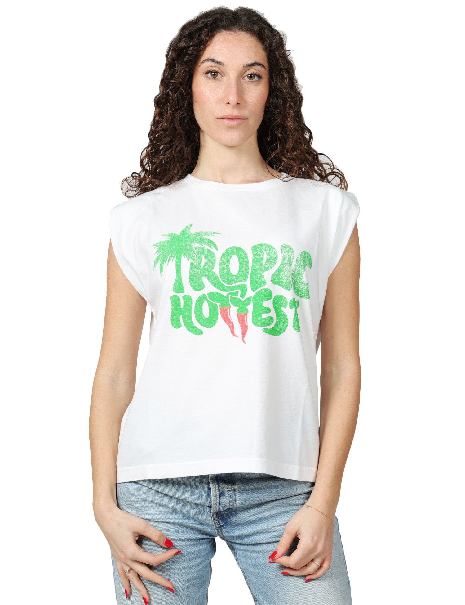 T-SHIRT DONNA BOWERY BIANCA IN COTONE CON MANICA AD ALETTA E STAMPA TROPIC HOTTEST VERDE DAVANTI