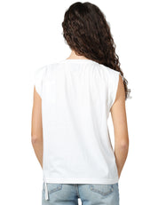 T-SHIRT DONNA BOWERY BIANCA IN COTONE CON MANICA AD ALETTA E STAMPA TROPIC HOTTEST VERDE DAVANTI