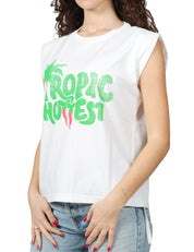 T-SHIRT DONNA BOWERY BIANCA IN COTONE CON MANICA AD ALETTA E STAMPA TROPIC HOTTEST VERDE DAVANTI