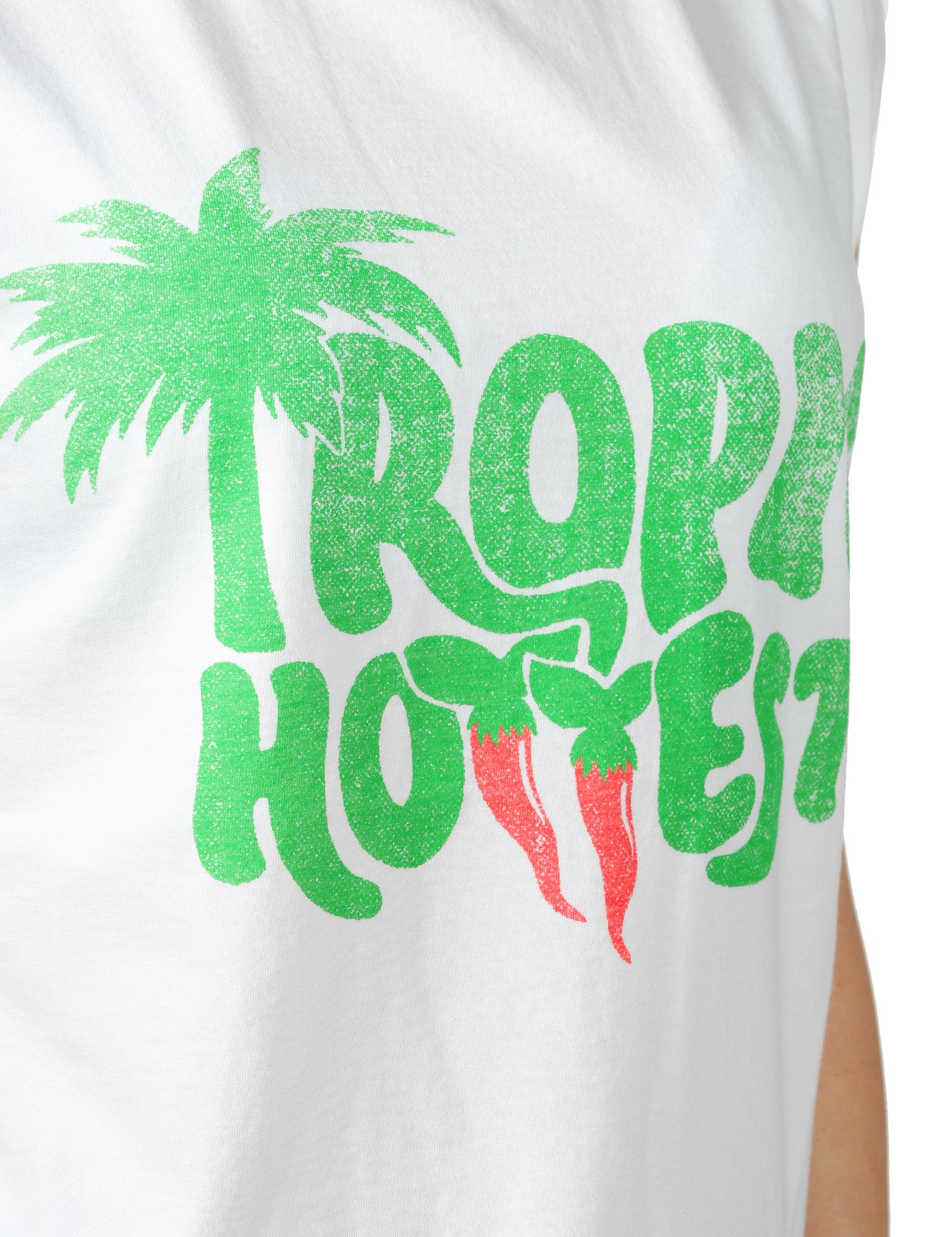 T-SHIRT DONNA BOWERY BIANCA IN COTONE CON MANICA AD ALETTA E STAMPA TROPIC HOTTEST VERDE DAVANTI