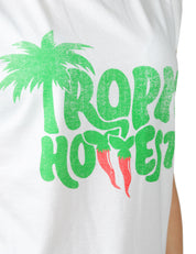 T-SHIRT DONNA BOWERY BIANCA IN COTONE CON MANICA AD ALETTA E STAMPA TROPIC HOTTEST VERDE DAVANTI