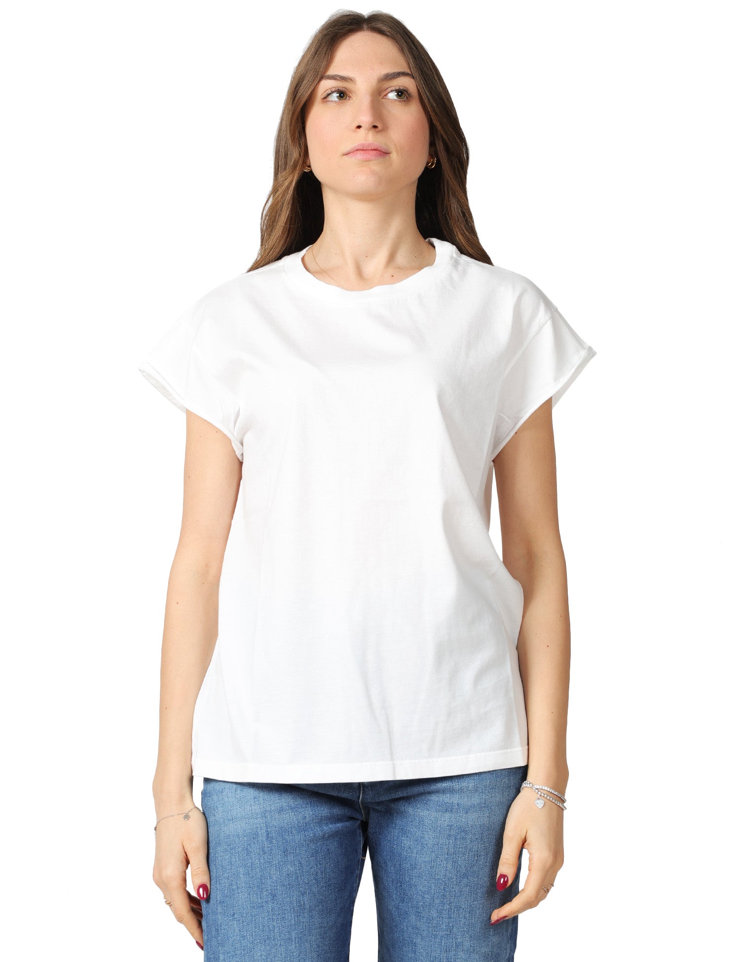 T-SHIRT DONNA BOWERY BIANCA GIROCOLLO CON MANICA AD ALETTA 100% COTONE VINTAGE