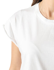 T-SHIRT DONNA BOWERY BIANCA GIROCOLLO CON MANICA AD ALETTA 100% COTONE VINTAGE
