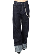 JEANS DONNA CIRCUS HOTEL DENIM SCURO WIDE LEG CON MAXI RISVOLTO E CATENA