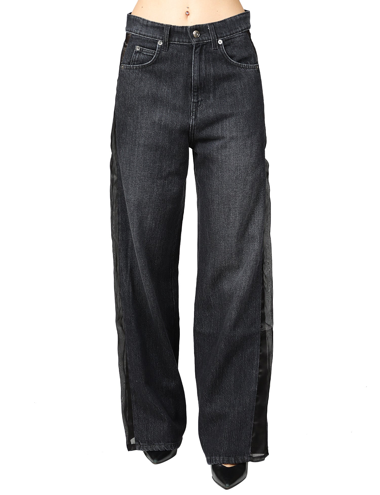 JEANS DONNA CIRCUS HOTEL BLACK DENIM WIDE LEG CON INSERTI IN ORGANZA