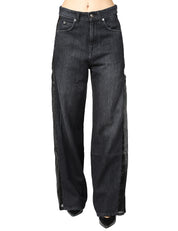 JEANS DONNA CIRCUS HOTEL BLACK DENIM WIDE LEG CON INSERTI IN ORGANZA
