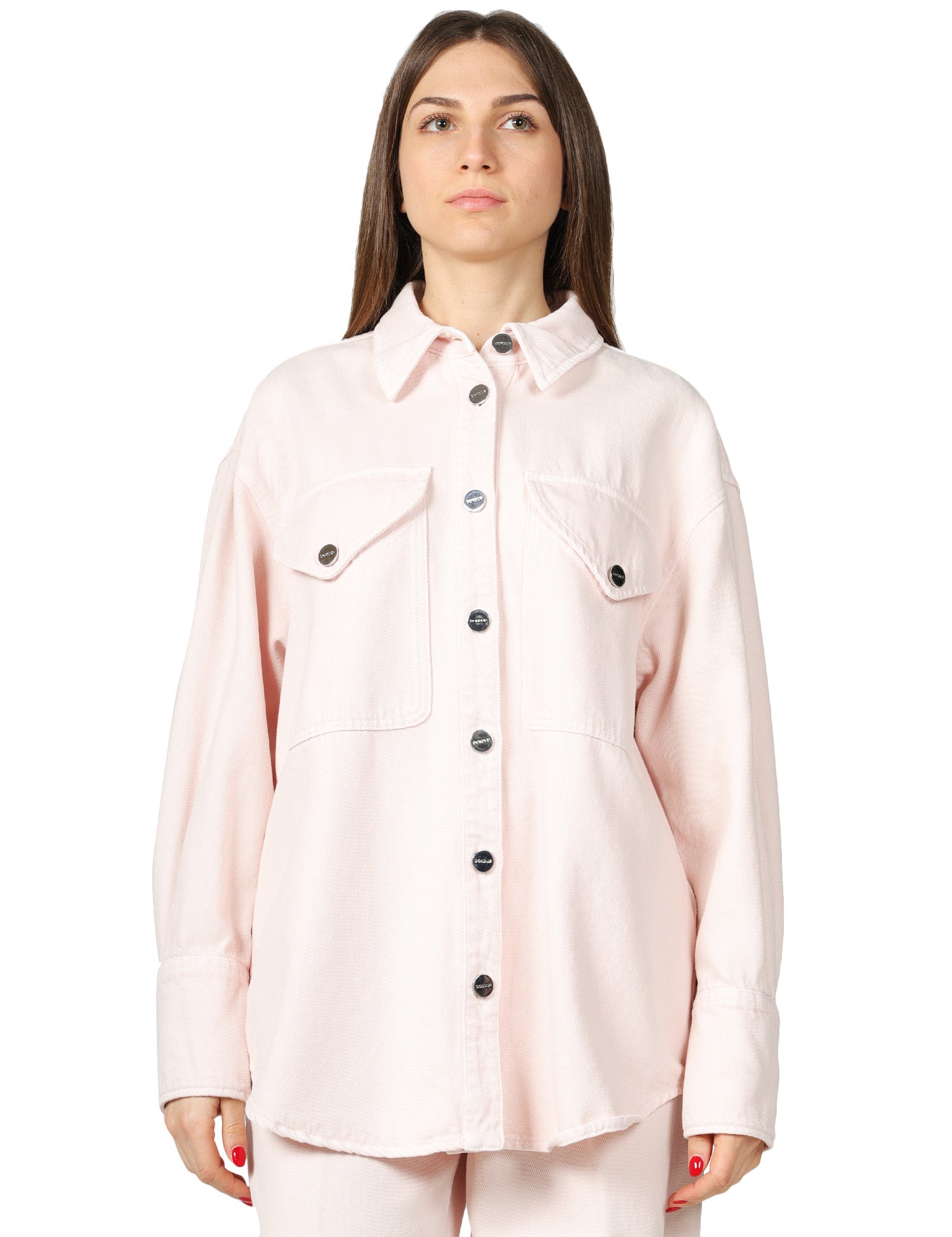 CAMICIA DONNA DONDUP ROSA OVER CON TASCHE APPLICATE DAVANTI E BOTTONI LOGATI