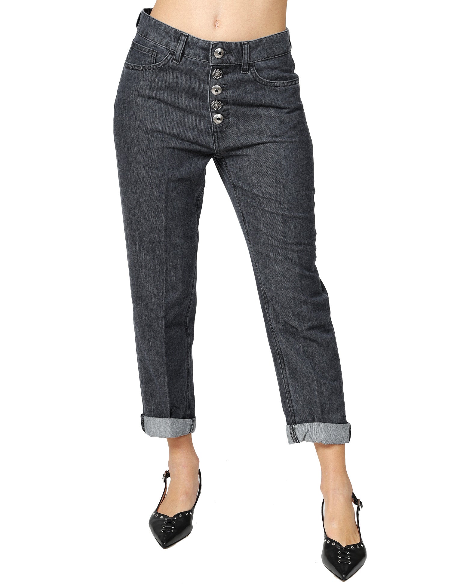 JEANS DONNA DONDUP KOONS NERO CON BOTTONIERA GIOIELLO IN DENIM FISSO COTONE E LYOCELL