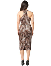 ABITO MIDI ELISABETTA FRANCHI CACAO STAMPA ALLIGATORE CON SCOLLO VOGATORE E DETTAGLIO GIOIELLO