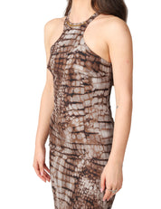 ABITO MIDI ELISABETTA FRANCHI CACAO STAMPA ALLIGATORE CON SCOLLO VOGATORE E DETTAGLIO GIOIELLO