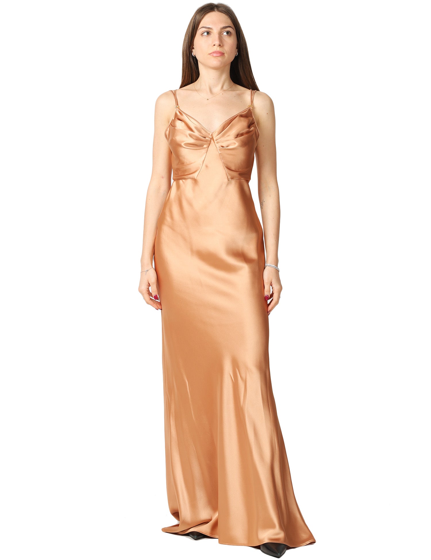 ABITO LUNGO ELISABETTA FRANCHI SUEDE IN RASO CON SPALLINE, COPPE E CODA A SIRENA