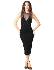 ABITO ELISABETTA FRANCHI NERO IN MAGLIA CON COPPE ESAGONALI E TESSUTO IN RETE SULLO SCOLLO
