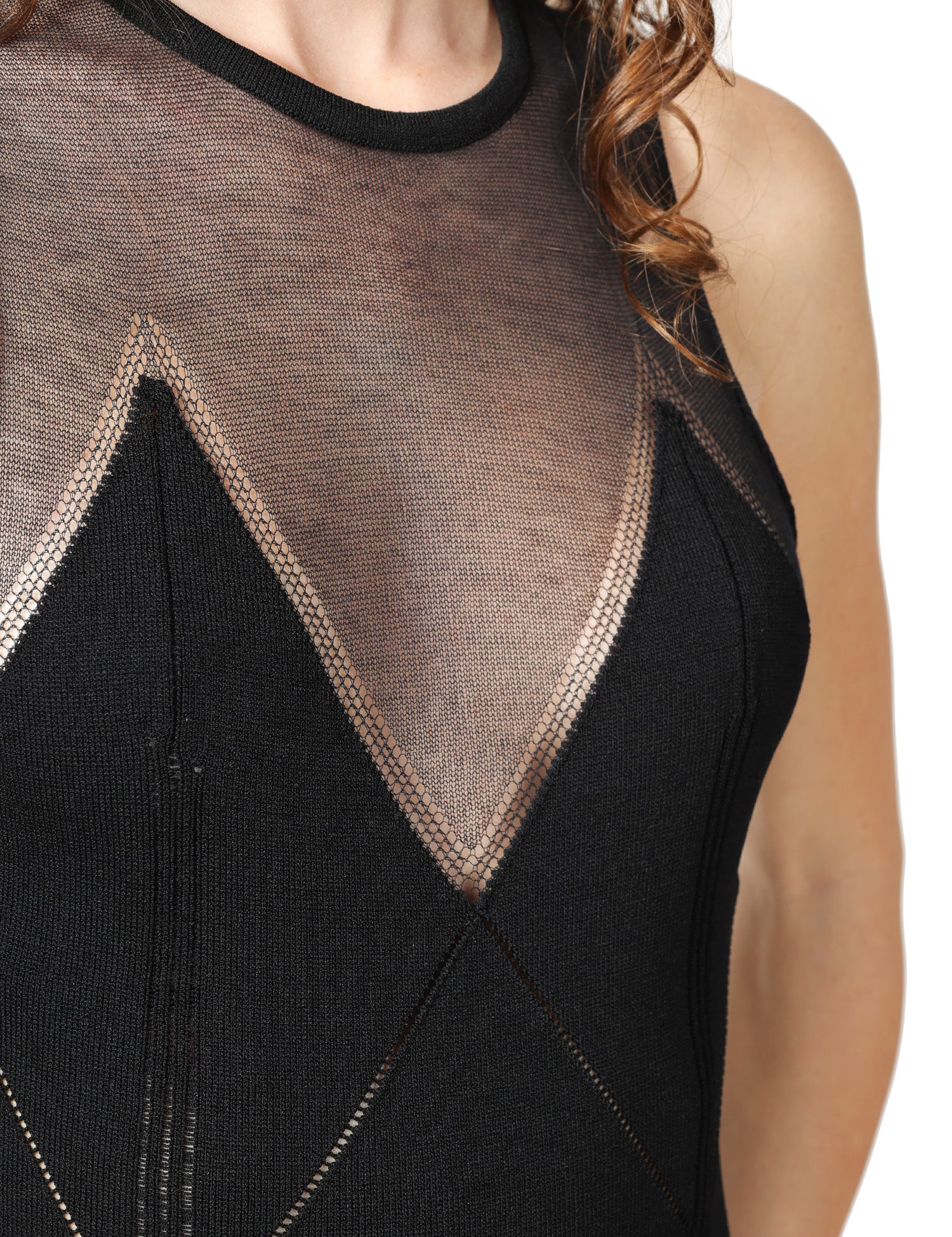 ABITO ELISABETTA FRANCHI NERO IN MAGLIA CON COPPE ESAGONALI E TESSUTO IN RETE SULLO SCOLLO