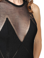 ABITO ELISABETTA FRANCHI NERO IN MAGLIA CON COPPE ESAGONALI E TESSUTO IN RETE SULLO SCOLLO