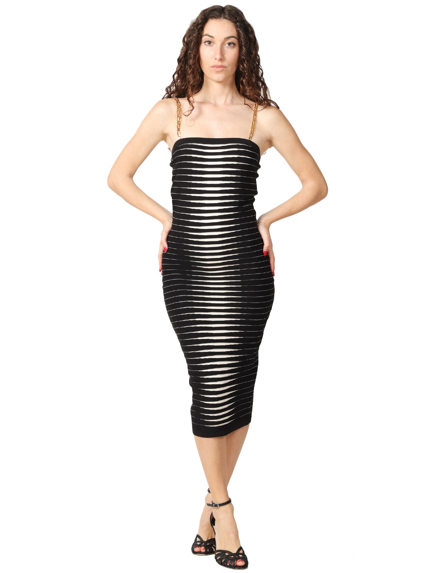 ABITO TUBINO ELISABETTA FRANCHI NERO CON SPALLINE GIOIELLO E LAVORAZIONE JACQUARD EFFETTO ZEBRA