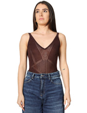 BODY ELISABETTA FRANCHI CACAO IN MAGLIA TRAFORATA CON SPALLINE E PLACCA LOGO LETTERING SUL RETRO