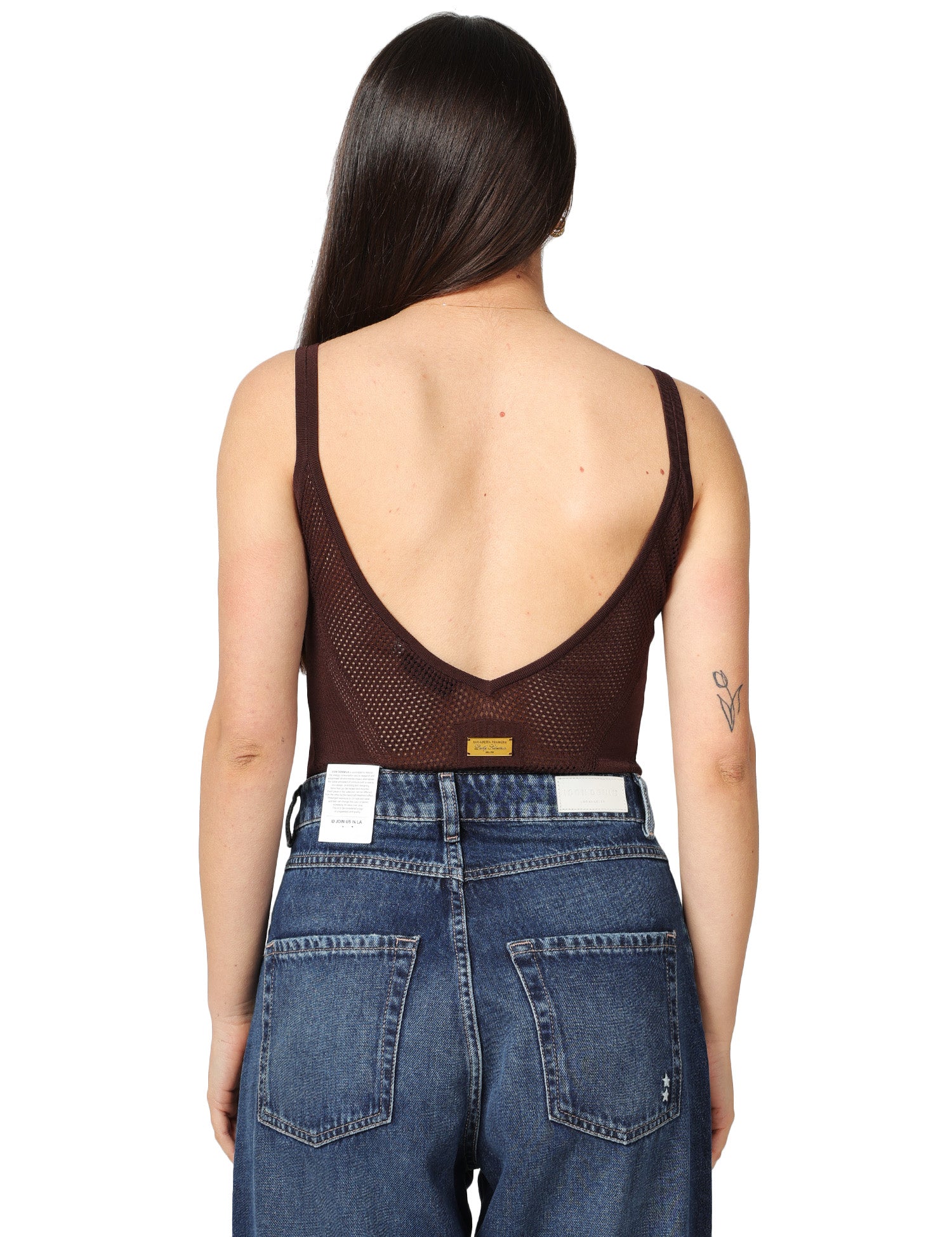 BODY ELISABETTA FRANCHI CACAO IN MAGLIA TRAFORATA CON SPALLINE E PLACCA LOGO LETTERING SUL RETRO