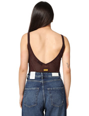 BODY ELISABETTA FRANCHI CACAO IN MAGLIA TRAFORATA CON SPALLINE E PLACCA LOGO LETTERING SUL RETRO