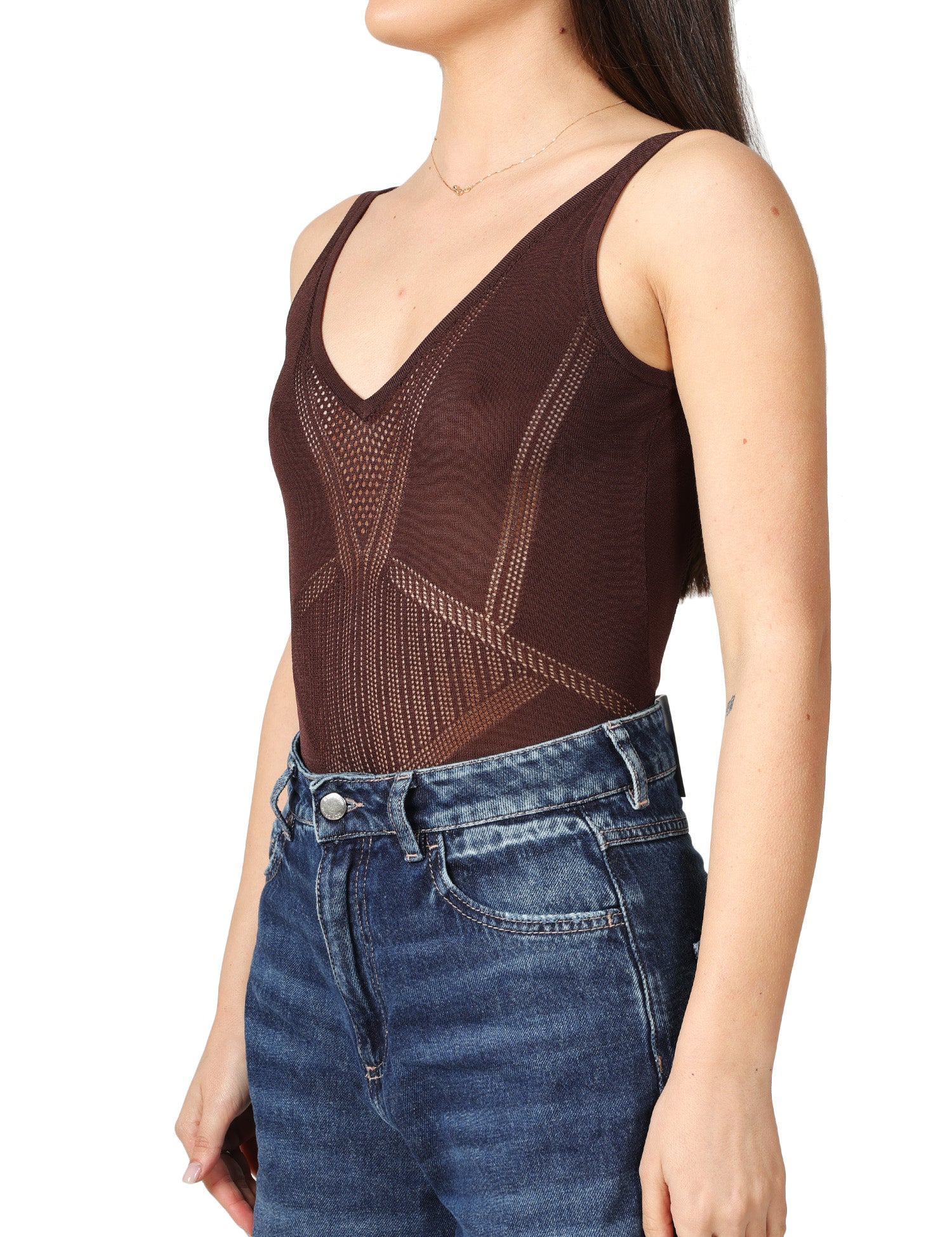 BODY ELISABETTA FRANCHI CACAO IN MAGLIA TRAFORATA CON SPALLINE E PLACCA LOGO LETTERING SUL RETRO