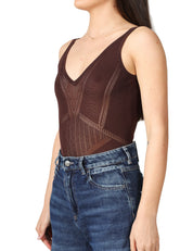 BODY ELISABETTA FRANCHI CACAO IN MAGLIA TRAFORATA CON SPALLINE E PLACCA LOGO LETTERING SUL RETRO