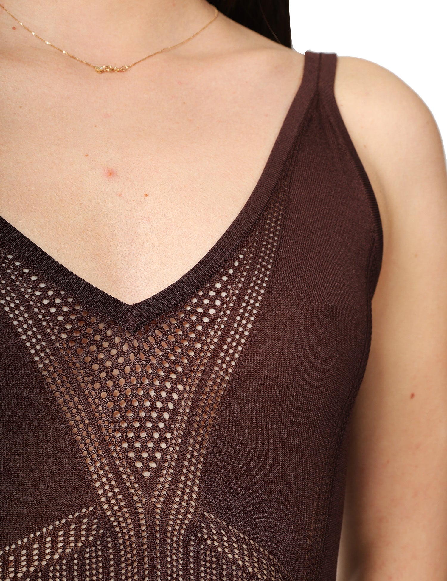 BODY ELISABETTA FRANCHI CACAO IN MAGLIA TRAFORATA CON SPALLINE E PLACCA LOGO LETTERING SUL RETRO
