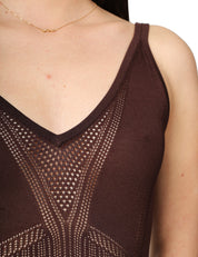 BODY ELISABETTA FRANCHI CACAO IN MAGLIA TRAFORATA CON SPALLINE E PLACCA LOGO LETTERING SUL RETRO