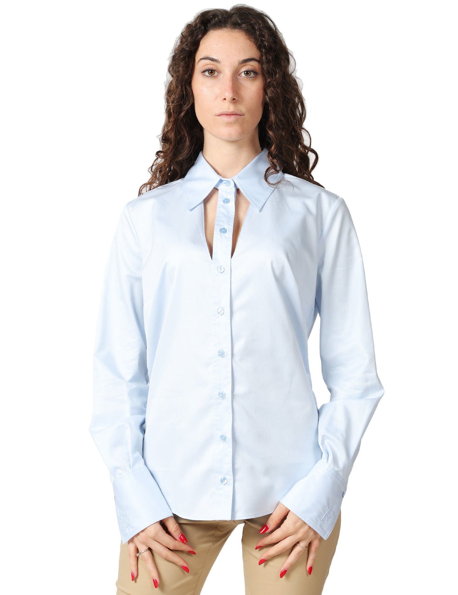 CAMICIA DONNA ELISABETTA FRANCHI OXFORD IN COTONE CON CUT-OUT SULLO SCOLLO RICAMO LOGO SUI POLSI