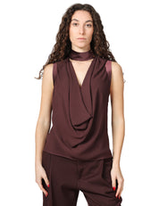 TOP ELISABETTA FRANCHI CACAO IN GEORGETTE DI VISCOSA CON SCOLLO A V E DETTAGLI IN ORGANZA