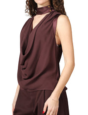 TOP ELISABETTA FRANCHI CACAO IN GEORGETTE DI VISCOSA CON SCOLLO A V E DETTAGLI IN ORGANZA